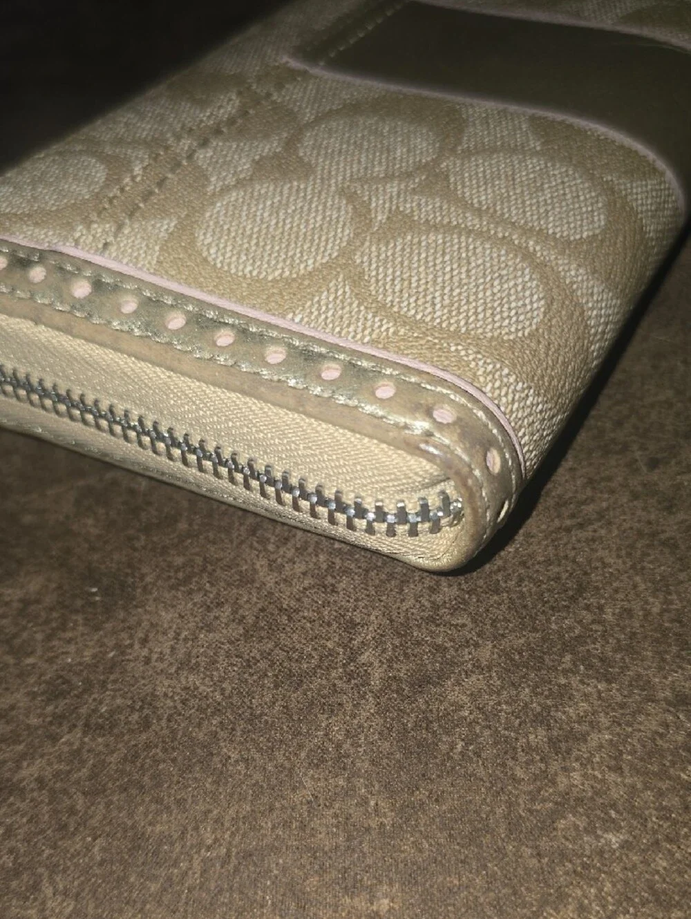 *Project* Vintage Coach Signature Stripe Accordion Zip Around Wallet Khaki Pink